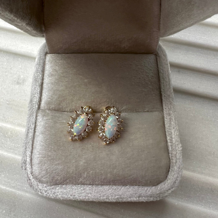 14K Gold Opal & CZ Halo Stud Earrings: Screw-Back, Vintage-Inspired Glow
