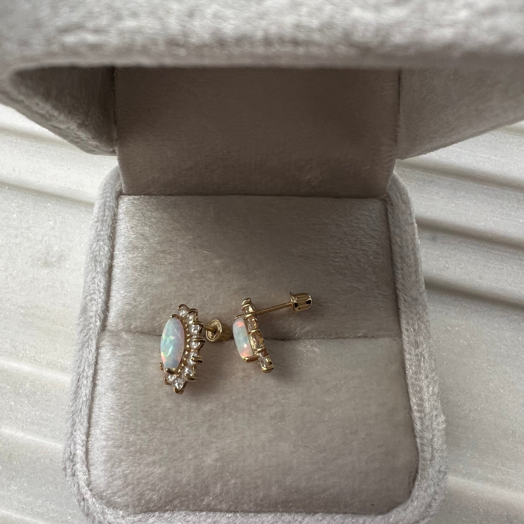 14K Gold Opal & CZ Halo Stud Earrings: Screw-Back, Vintage-Inspired Glow