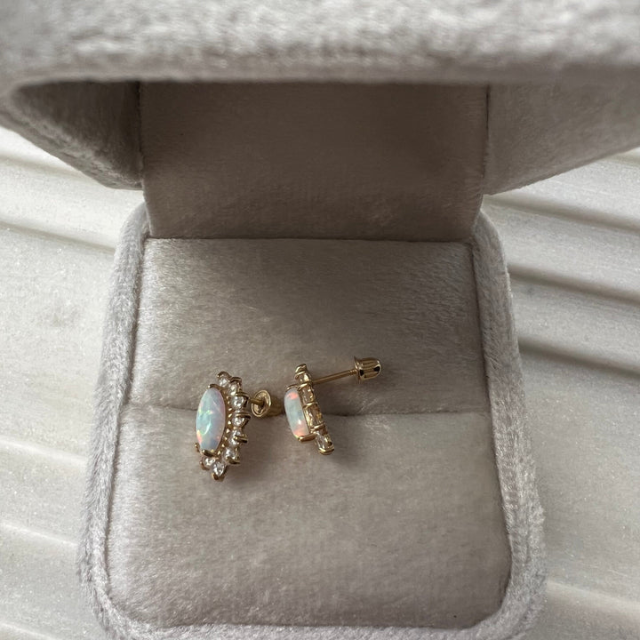 14K Gold Opal & CZ Halo Stud Earrings: Screw-Back, Vintage-Inspired Glow