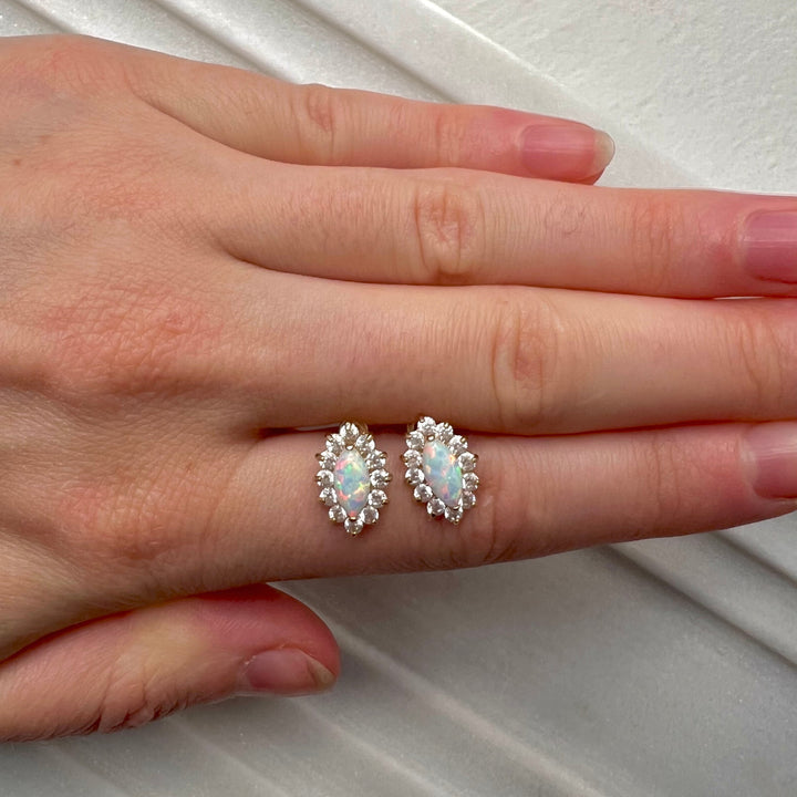14K Gold Opal & CZ Halo Stud Earrings: Screw-Back, Vintage-Inspired Glow