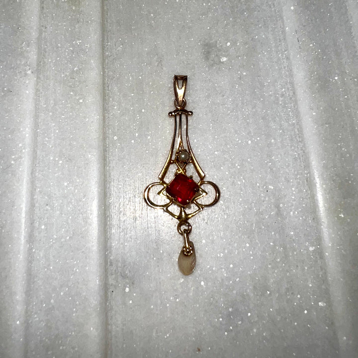 Antique Art Nouveau Garnet, Pearl & Opal Lavaliere Pendant in 10k Gold (1900s)