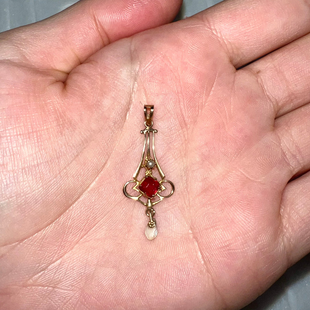 Antique Art Nouveau Garnet, Pearl & Opal Lavaliere Pendant in 10k Gold (1900s)