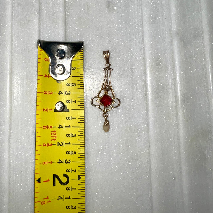 Antique Art Nouveau Garnet, Pearl & Opal Lavaliere Pendant in 10k Gold (1900s)